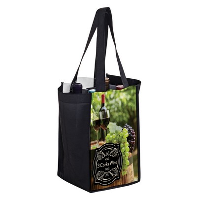 7"x7"x12" Full Coverage PET Non-Woven Sublimated 4 Bottle Wine Tote Bag