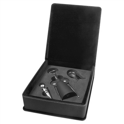 Laserable Black-Silver Leatherette 3-Piece Wine Tool Set