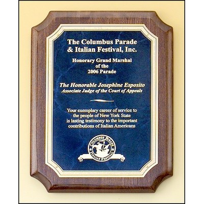 Airflyte® Walnut Piano-Finish Plaque w/Sapphire Blue Marble Plate & Notched Corner (9"x 12")