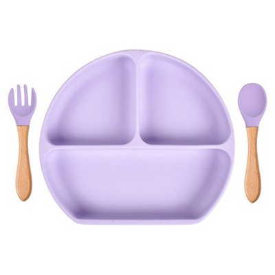 Silicone Divided Dinner Plate with Wooden Handle Spoon Fork Set