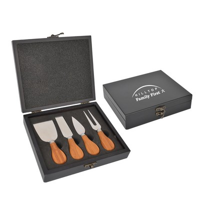 Gourmet four piece cheese knife set with wood case