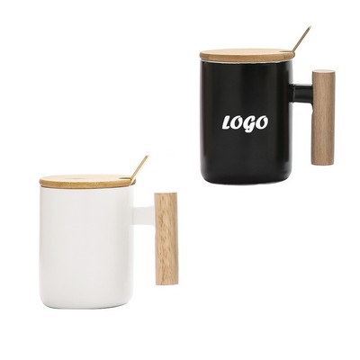 12Oz. Ceramic Mug with Wooden Handle and Lid