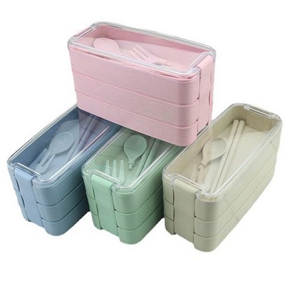 3-Tiers Wheat Straw Fiber Lunchbox with Spoon and Fork