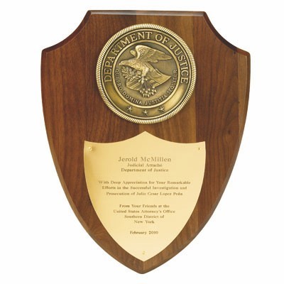 Genuine Walnut Plaque Shield w/4" Department of Justice Medallion (9½"x12")