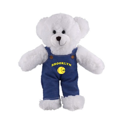 Soft Plush Stuffed White Bear in denim overall.