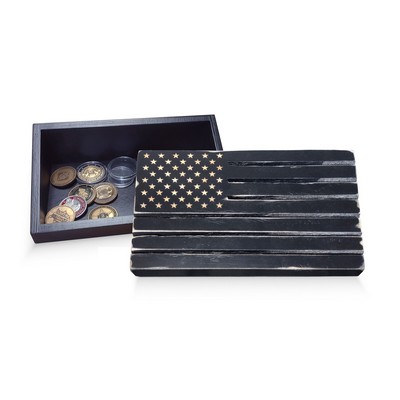 Solid Black Poplar Wood Flag Shaped Medallion Stand with Hidden Storage Compartment