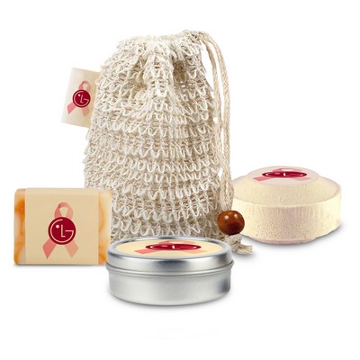 Loofah Bag Self Care Set with Mini Soap, Shower Steamer, and Candle, Sewn-in Tag