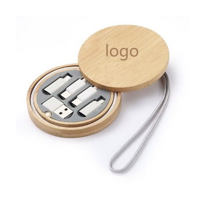 Round Bamboo Storage Box with Charging Cable Kit