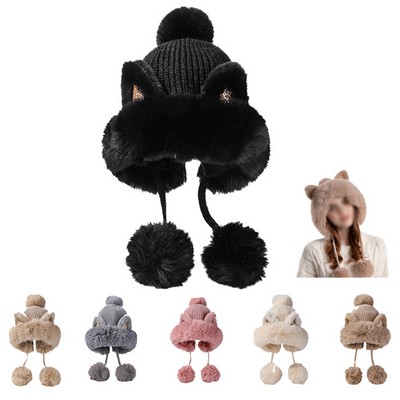 Women Winter Warm PomPom Cat Ear Beanie Hat