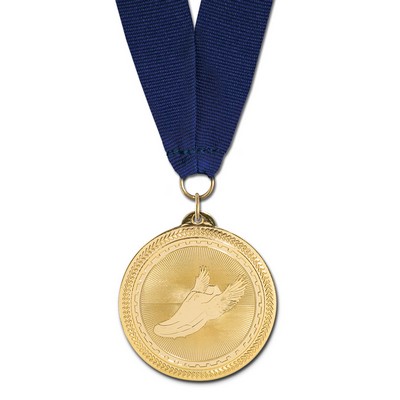 2" Track Brite Laser Medal w/ Grosgrain Neck Ribbon