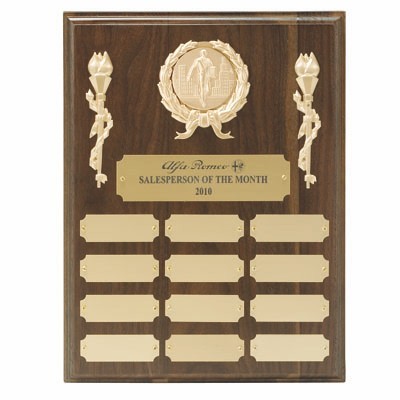 Walnut Finish Plaque w/12 Gold Plates Takes 2" Medallion Insert (9"x12")