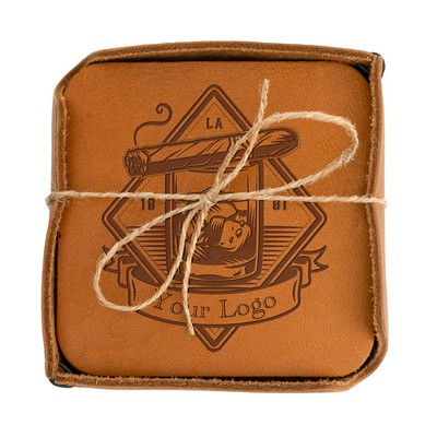 Full-Grain Leather Coaster Set of 4 -Square Coaster w/Holder and Gift Box