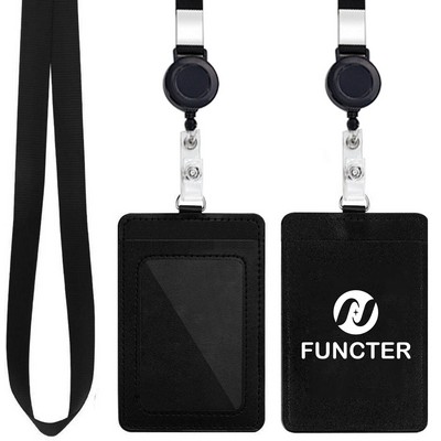 PU Leather Badge Holder With Heavy Duty Retractable Badge Reel Lanyard