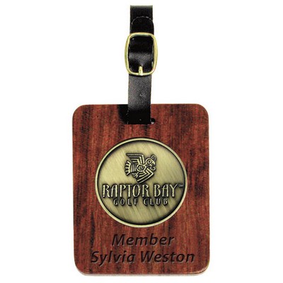 Rosewood Finish Rectangle Bag Tag w/ 2" Club Lorente Medallion