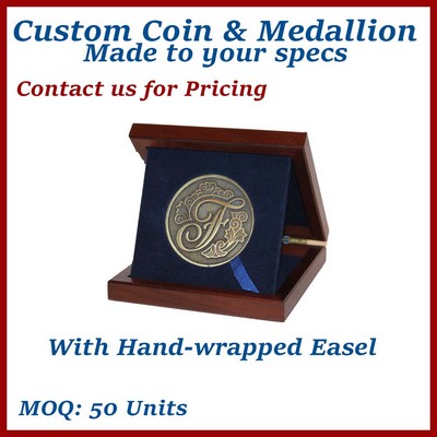 Executive Medallion Presentation Wooden Box w/ Flat or Easel Stand View - made to order, low minimum