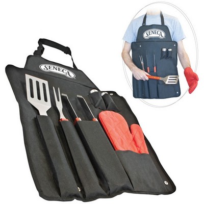 7pc BBQ Grill Tool Set w/ Apron for outdoor picnic & camping