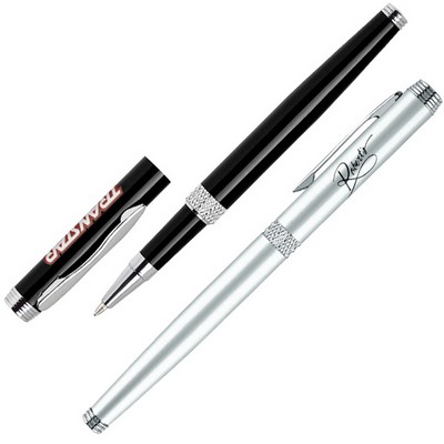 Aluminum Constructed Rollerball Pen w/ Diamond Cut Middle Ring & Chrome Accent