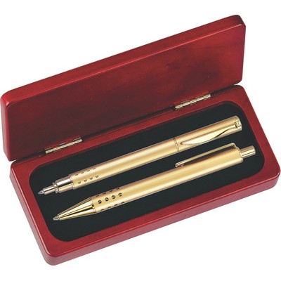 Dot Grip Pen Set Series- Gold Pen and Roller Pen Set, Crescent Moon Shape Clip, Rosewood gift box