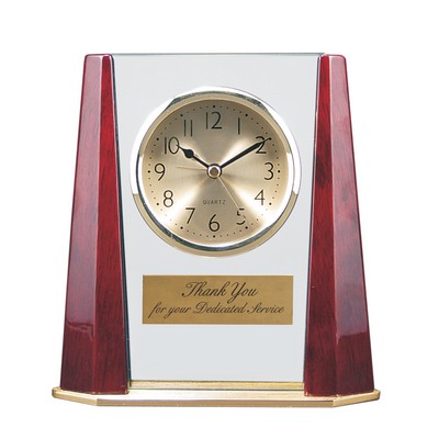 7" Glass Desk Clock with Rosewood Finish Columns