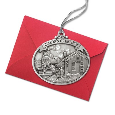 Full Size Stock Design Season's Greetings Train Depot Pewter Ornament