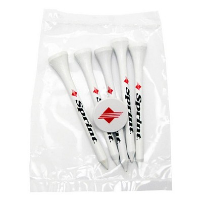 Golf Tee Poly Packet with 5 Tees & 1 Ball Marker