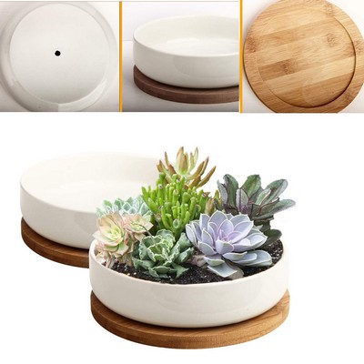 6 inch White Ceramic Flower Planter Pot with Bamboo Tray