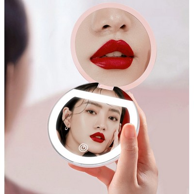 Rechargeable Compact Mirror Handheld Folding Makeup Mirror with Light 1X/2X