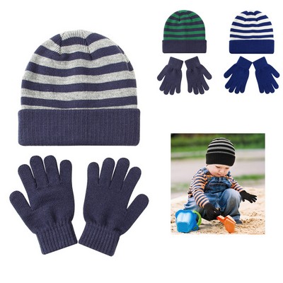 Kids Striped Beanie and Gloves Set - Stylish Winter Warmth