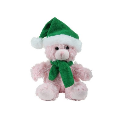 soft plush Pink Curly Sitting Bear with Christmas scarf &hat