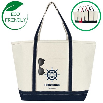 Anchor Zip Top Canvas Boat and Tote Bag - Natural Beige/Navy Blue