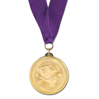 2" Lamp of Learning Brite Laser Medal w/ Grosgrain Neck Ribbon