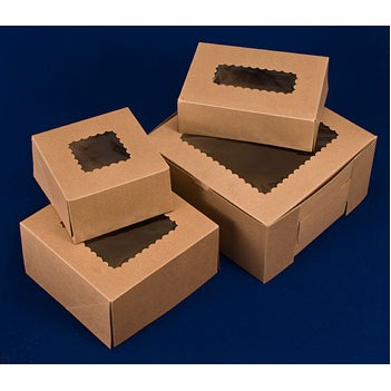 Windowed Kraft Cake Bakery Box w/Glued 6 Corner Beers (6"x6"x3")