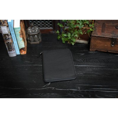 Pebble Calf Leather Large-Size Zippered Padfolio - Onyx Black - Borlino