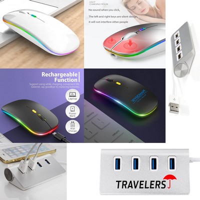 Kidder 4 Port USB Aluminum Hub + LED Wireless Mouse (White)