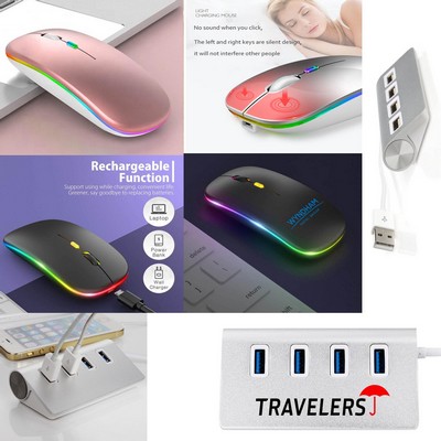 Kidder 4 Port USB Aluminum Hub + LED Wireless Mouse (Rose Gold)