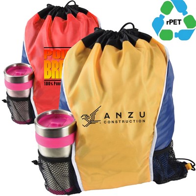 Two Tone 15"X18" rPET Recycled 210D Polyester Sublimation Drawstring Backpack W/ Two Mesh Pocket