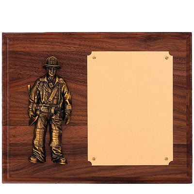 Genuine Walnut Plaque w/Antique Brass Firefighter & Engraving Plate (8"x10")