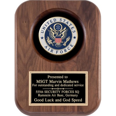 Walnut Finish Plaque with Cast Metal Air Force Insignia, 9"x12"