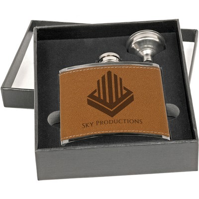 6 Oz. Faux Leather Stainless Steel Flask Set in Black Presentation Box