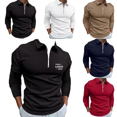 Waffle Zippered Long-Sleeved POLO Shirt