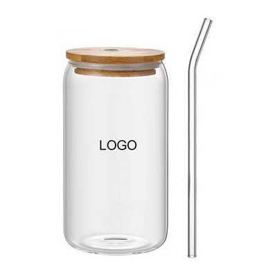 16Oz Can Shaped Glass Cup With Bamboo Lid & Straw