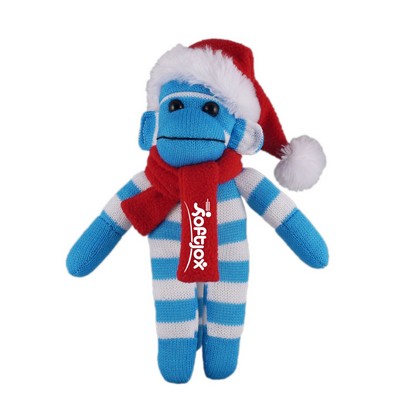 Blue Sock Monkey (Plush) with Christmas Hat and Scarf