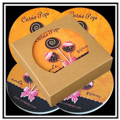 4 Round Absorbent Stone Coaster with Cork Backing packaged in Craft Window Box - Full Bleed Print