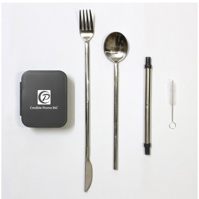 Portable Reusable Cutlery Set With Straw Spoon Knife Fork