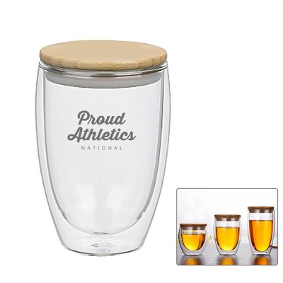 12 Oz. Dual Wall Insulated Glass Coffee Mugs W/Bamboo Lid