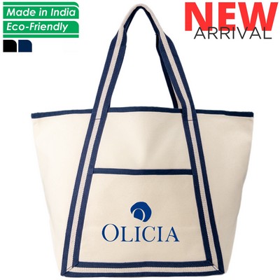 Seaside Open Top Canvas Boat and Tote Bag - Natural Beige/Navy Blue