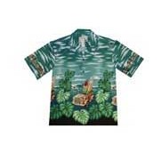 Green Hawaiian Border Print Cotton Poplin Shirt w/ Button Front