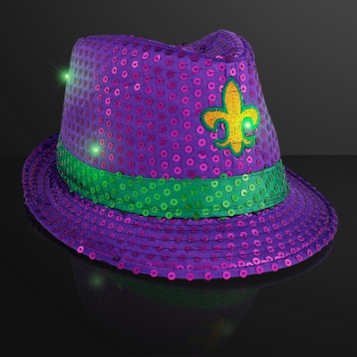 Mardi Gras Sequin Fedora Hat w/ Flashing Jade LED's - BLANK