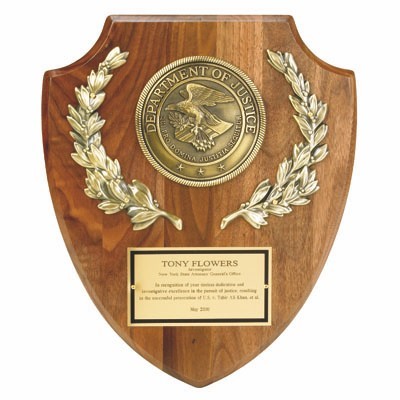 Walnut Plaque Shield w/Department of Justice Medallion & Engraving Plate (10"x12")