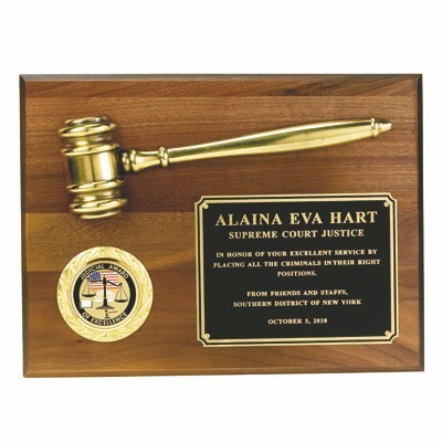 Plaque Walnut Finish w/Metal Gavel, Holds 2" Insert (9"x12")